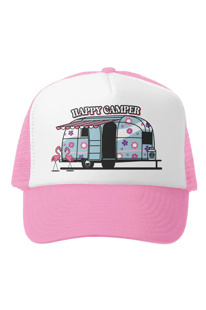 Happy camper trucker hat in pink white