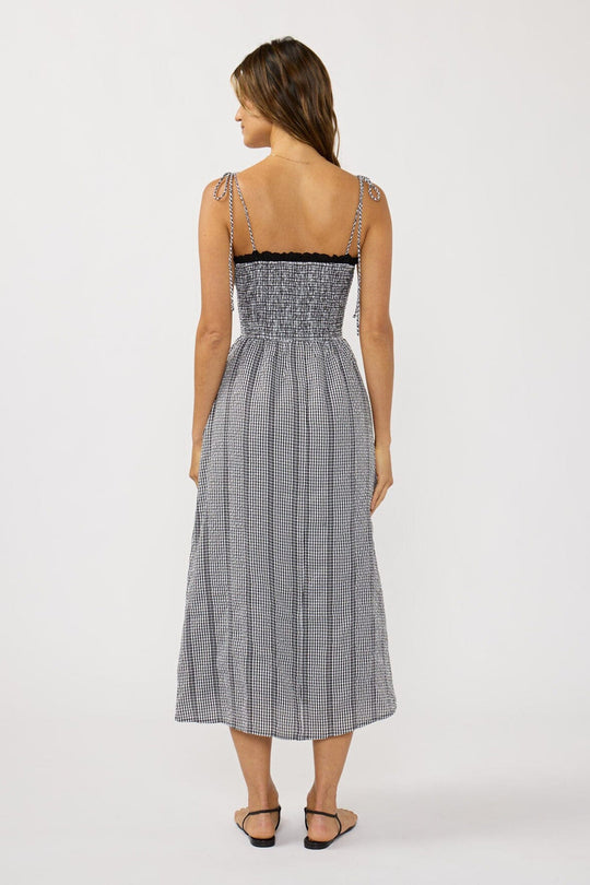 Smocked black & white gingham midi dress back