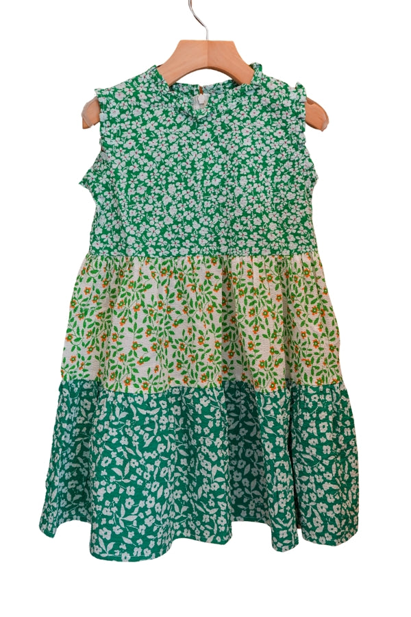 Green floral sleeveless dress with tiered skirt and ruffled neckline