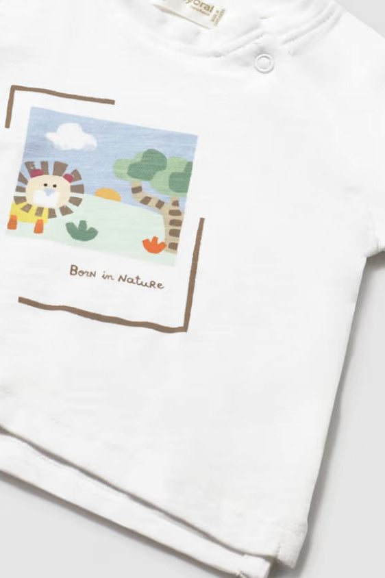 White printed baby T-shirt with nature scene square graphic