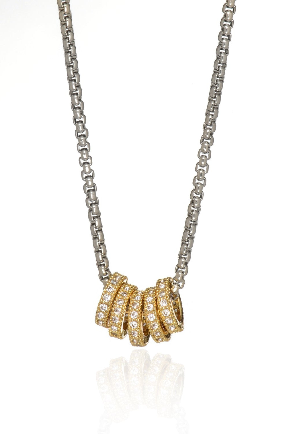 Silver chain necklace with gold scalloped crystal-like pendant centerpiece