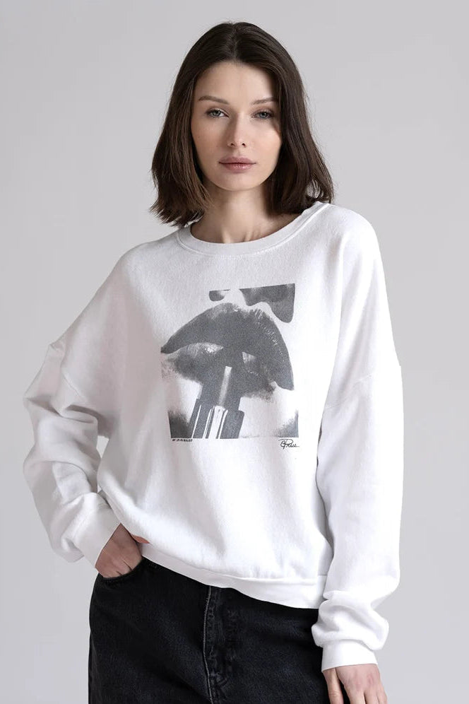 My lips are sealed cozy sweatshirt in worn white