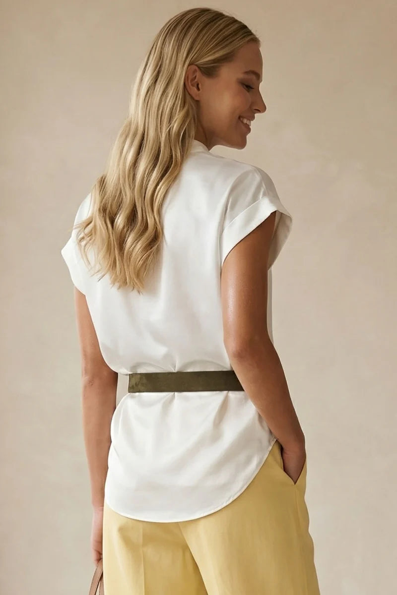 Relaxed cap sleeve satin blouse in off white back view