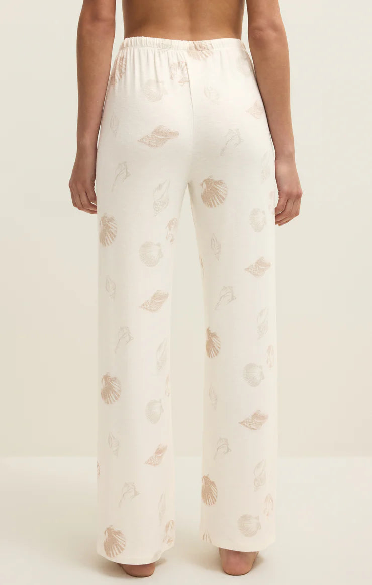 Wide-leg shell-print lounge pants with elastic waist, vanilla