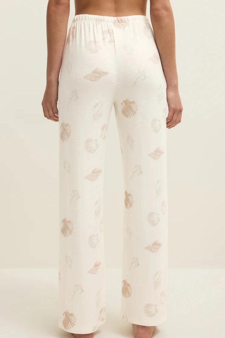 Shell-print wide-leg pants with elastic drawstring waist, ankle length