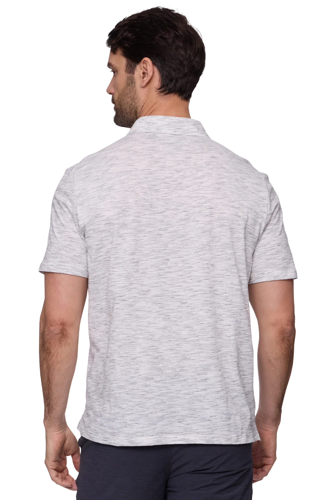 Hudson short sleeve stripe space dye polo shirt in lt grey heather back view
