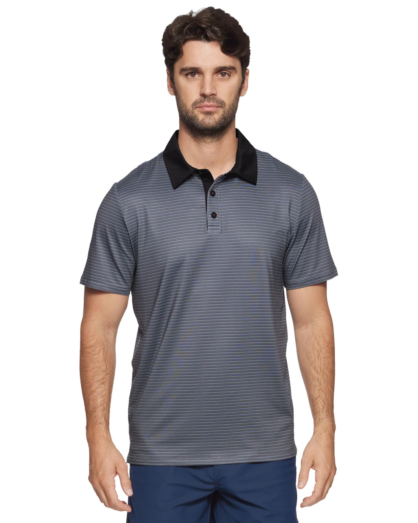 Kiawah collar short sleeve mini stripe polo shirt in black combo front view