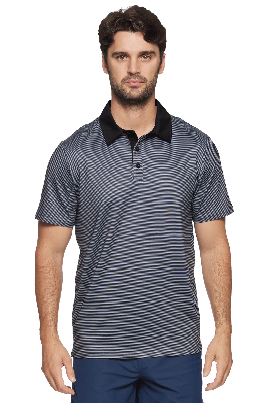Men's striped polo shirt with black collar, short sleeves