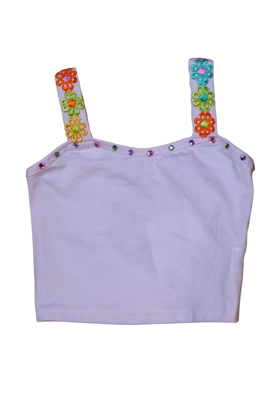 Lavender daisy strap tank top with floral embroidered shoulder straps and button details