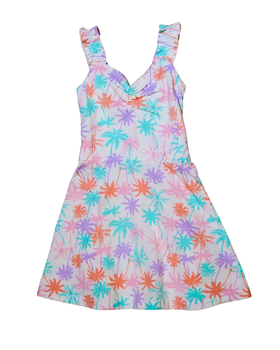 Palm Tree print dress in pastel colors on white background