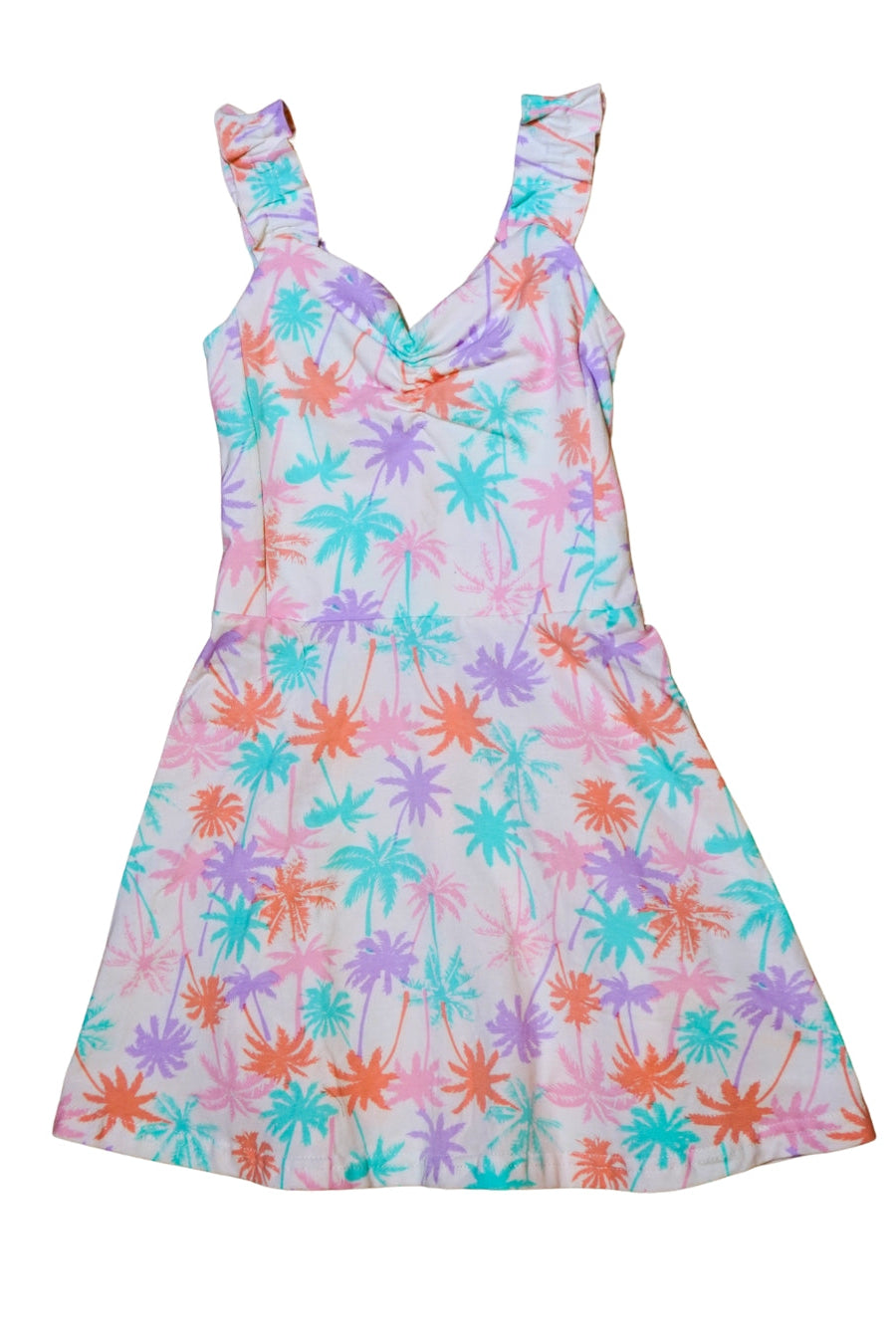 Flutter ruched dress with multicolor palm print, sleeveless V-neck, flared skirt