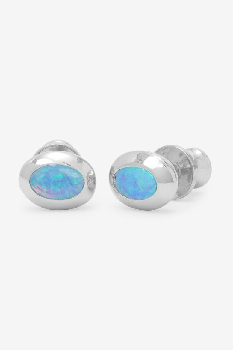 Pair of silver earrings with blue opal stones on a white background