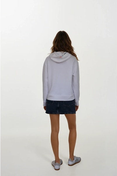 Light gray pullover hoodie with hood and long sleeves, back view