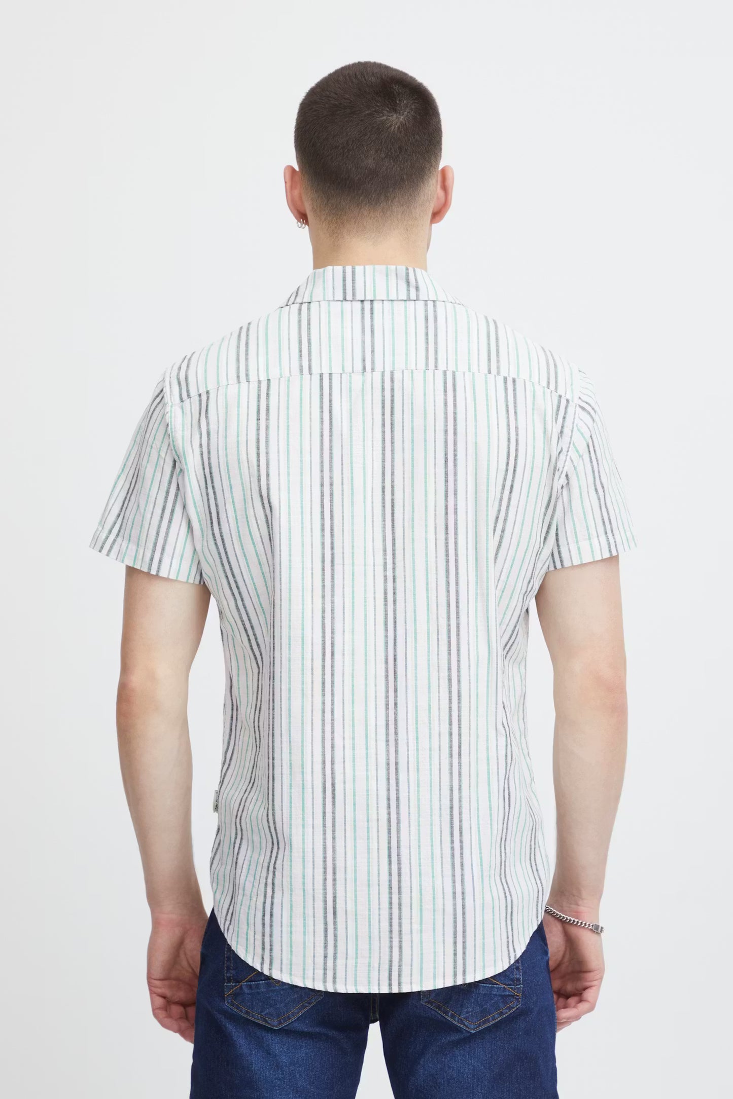 Men's short-sleeve button-down shirt with vertical thin stripes, back view, point collar