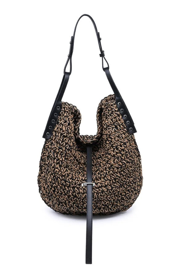 Two-tone woven hobo bag with black leather straps and cinch front