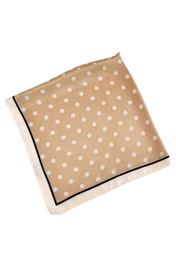 Khaki polka-dot silky scarf with white dots and dark edge