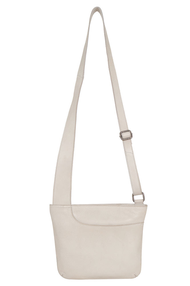ARDEN leather crossbody bag in oat with adjustable strap and front pocket