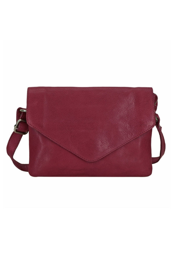 Oxblood leather crossbody bag with top flap and adjustable shoulder strap