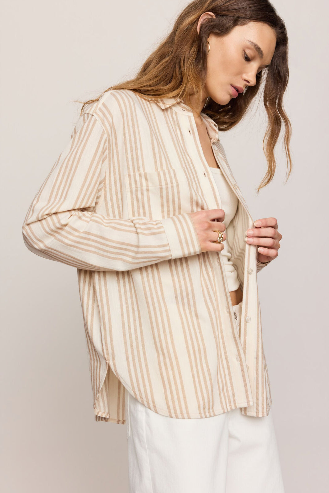 REESE button-up stripe top, cream with vertical beige stripes, long sleeves, front buttons