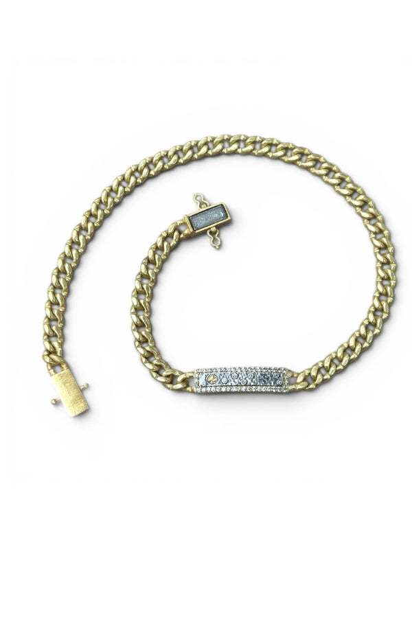 Double wrap ID bracelet with gold- and silver-tone curb chain and pavé charm clasp