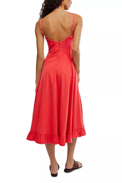 Red midi dress, back view, thin straps and fitted bodice with flared skirt.