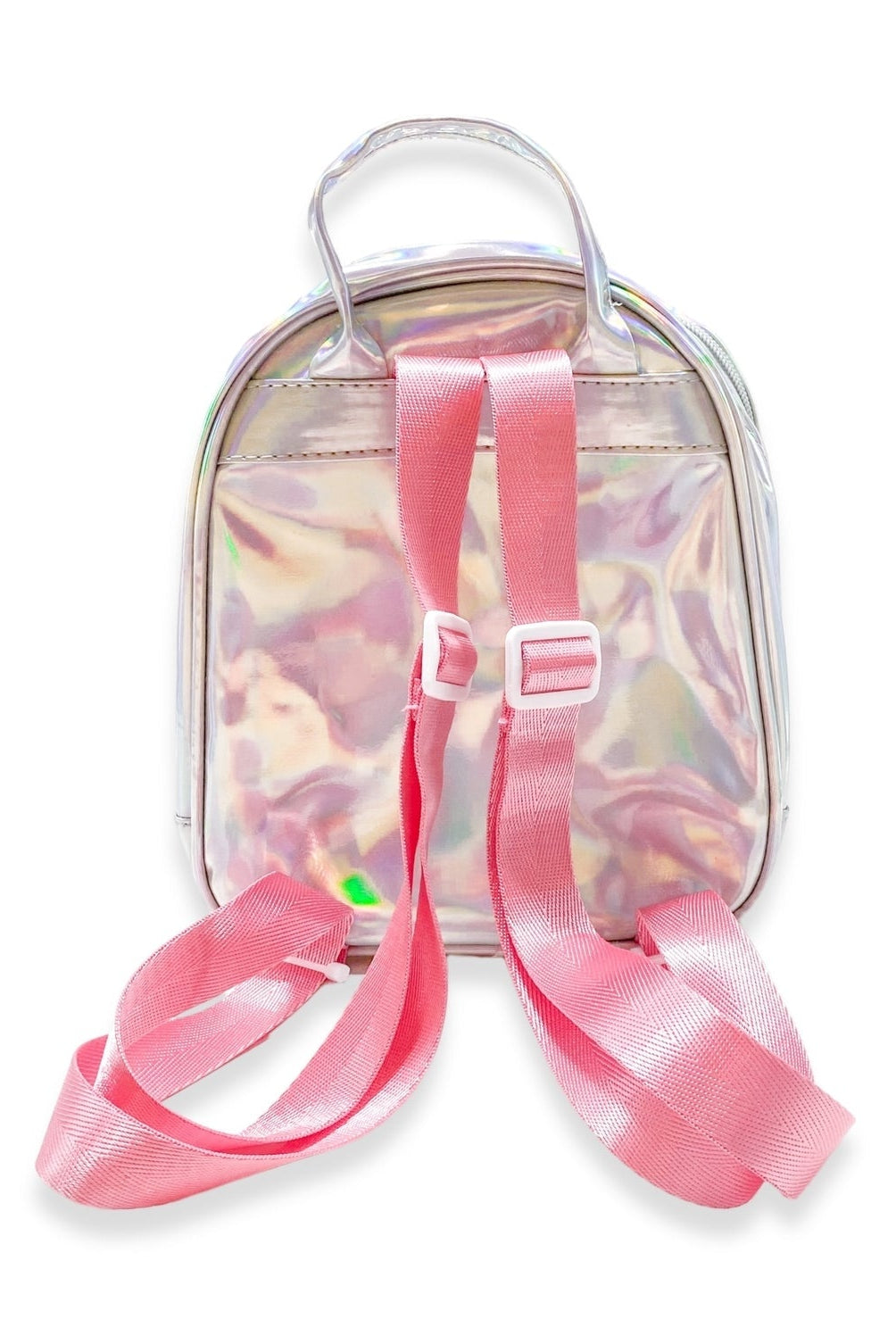 Clear unicorn-style backpack with iridescent pink finish, silver handles, and pink straps
