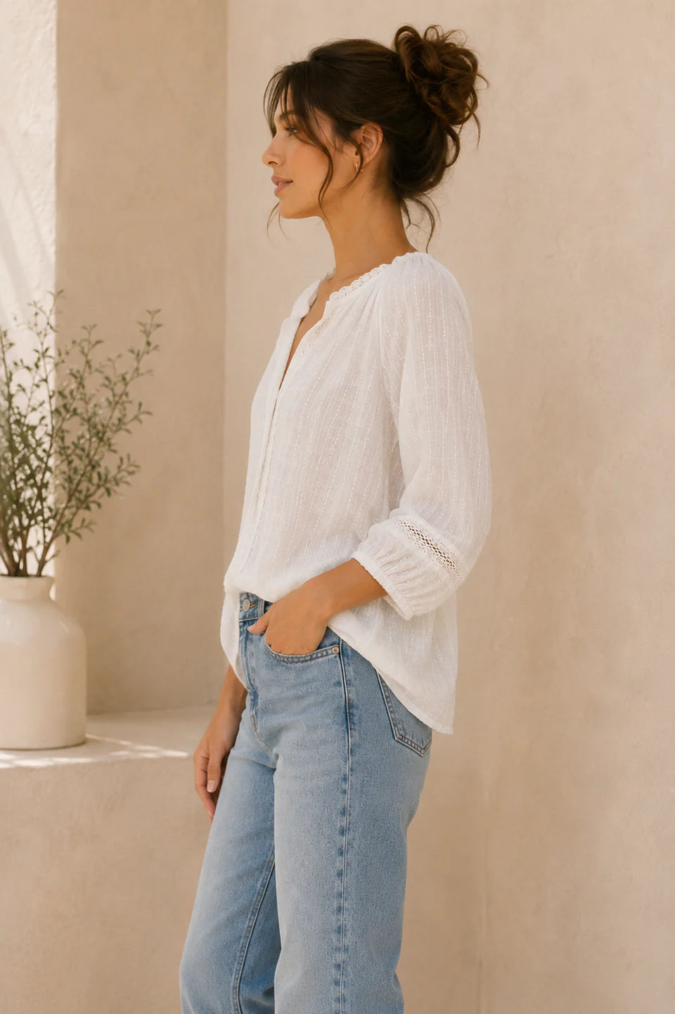 Henrietta scoop neck blouse in white side view