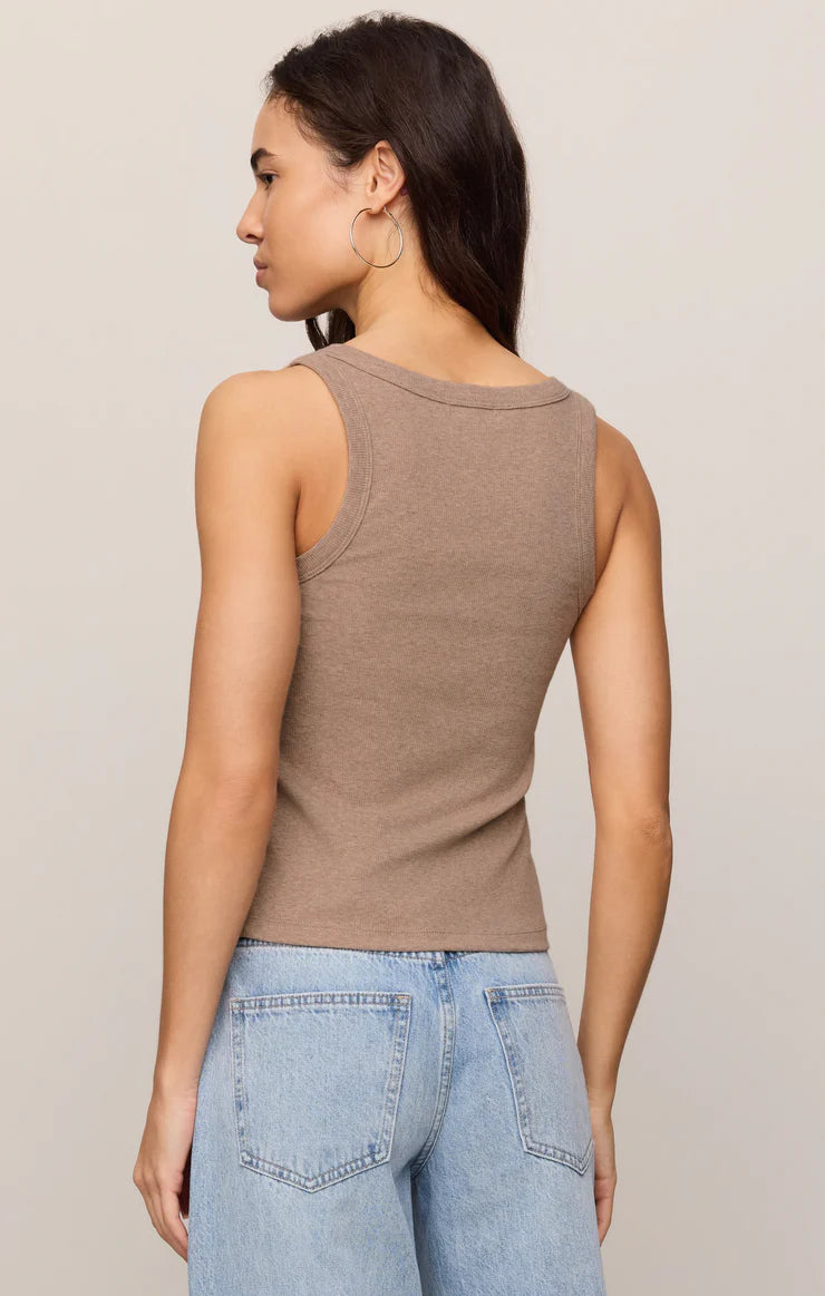 Heather gray scoop-neck sleeveless tank top, back view