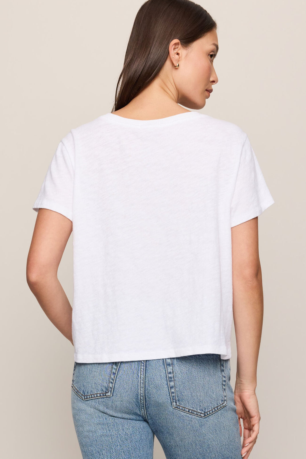 White V-neck tee with short sleeves, back view