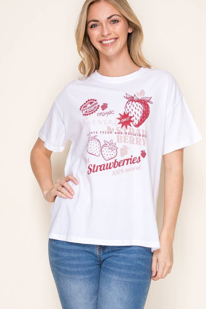White tee with crew neck and strawberry graphic, short sleeves, relaxed fit