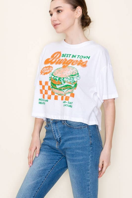 White T-shirt with large burger graphic and orange script logo at chest