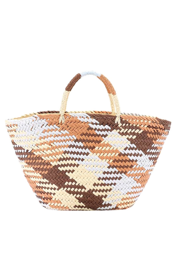 Woven faux straw tote bag in brown, cream, and white with dual top handles