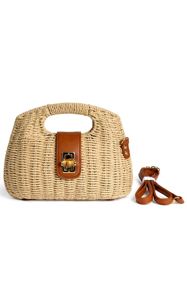 Beige woven straw handle bag with front leather clasp and detachable crossbody strap
