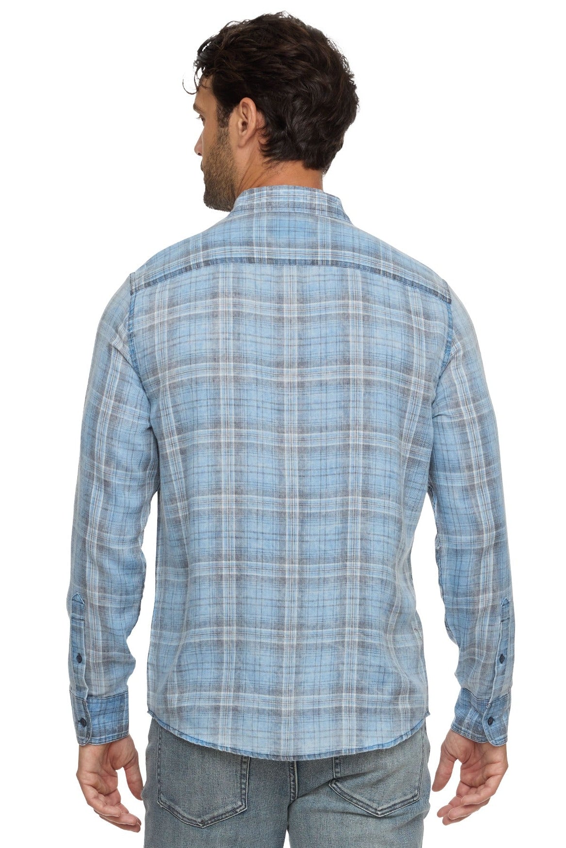 Back view of man wearing blue & navy plaid paxton long sleeve vintage button down shirt