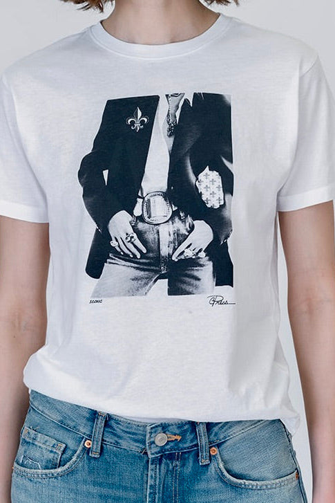 A white short-sleeve crewneck t-shirt featuring a black and white iconic graphic print worn by a model with blue jeans against a light gray background.
