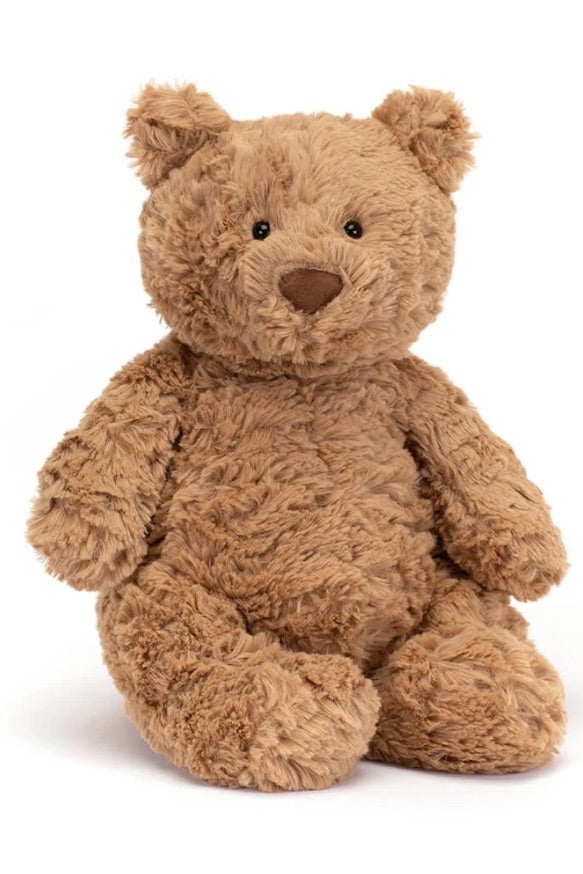 A classic brown bartholomew plush teddy bear sitting upright against a clean white background.