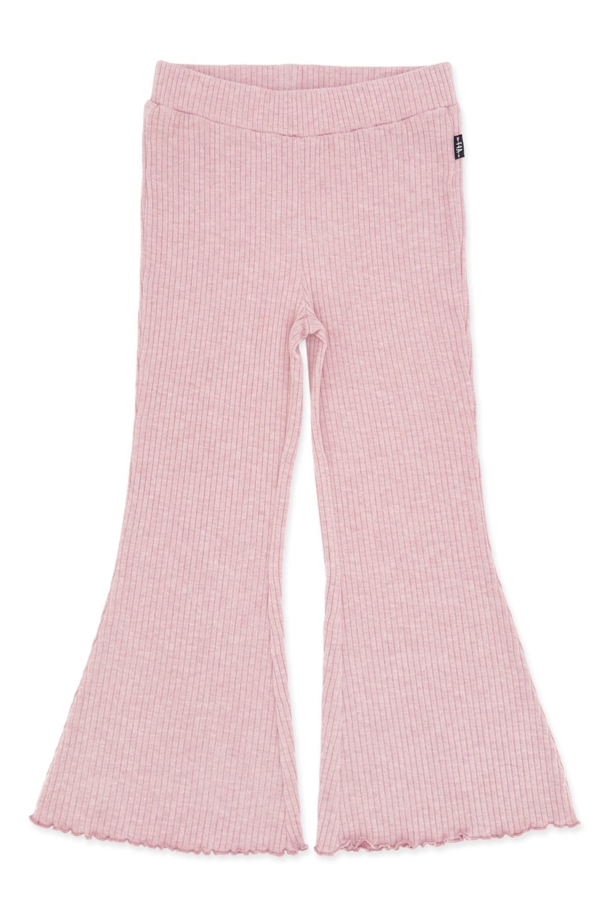A pair of rose pink ribbed knit meadow flare bell bottom pants with a wide waistband and scalloped ruffle hems, shown flat on a white background.