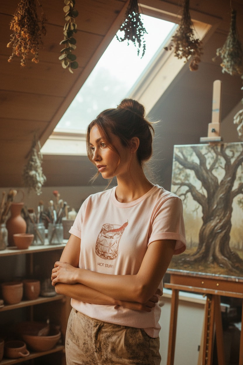 A woman with her hair in a bun stands in an art studio wearing a light powder pink t-shirt with a brown graphic of a cocktail and the words 'HOT STUFF' She is looking off-camera with her arms crossed.