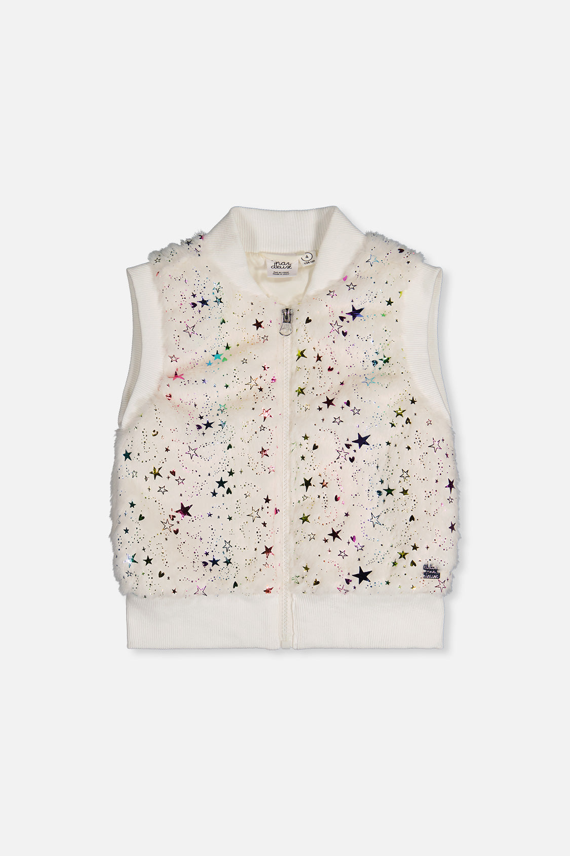 White faux fur vest with star patterns on a white background