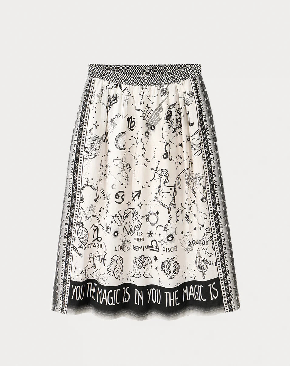 beige midi skirt with black border and zodiac print on white background front view