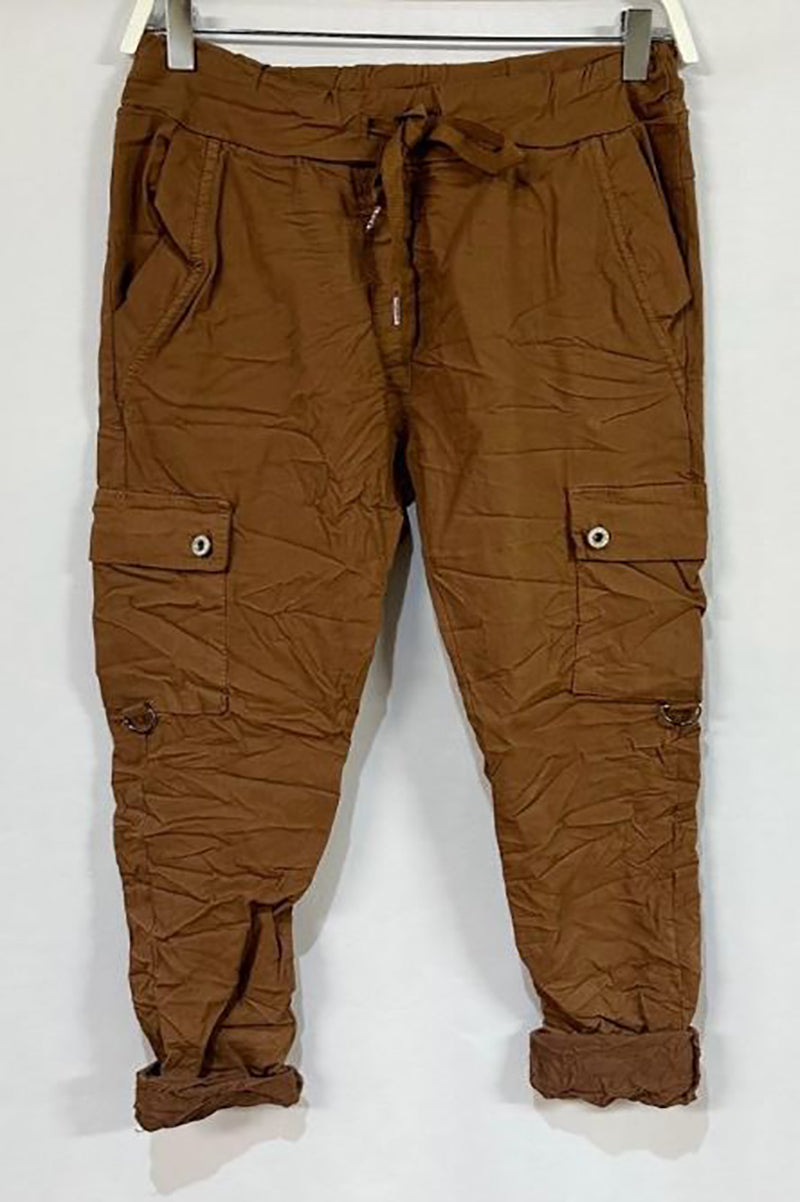 Cargo crinkle joggers in tobacco front view