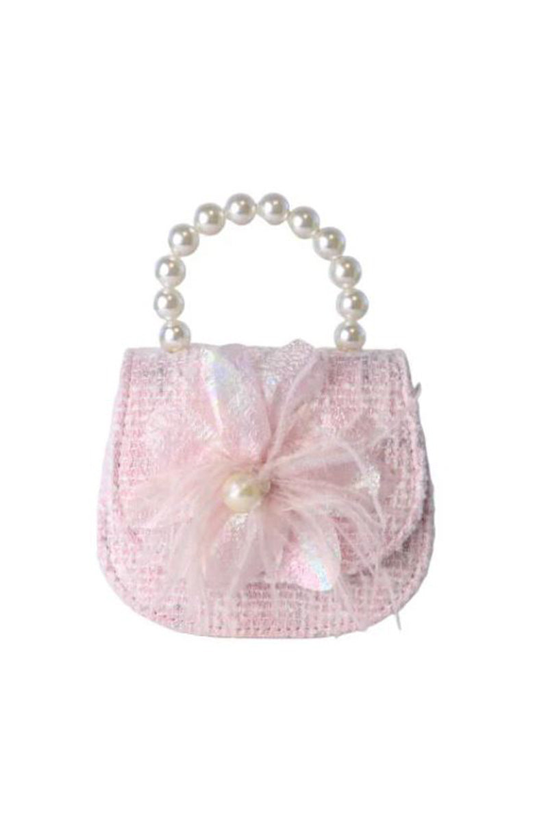 FEATHER FLORAL TWEED PURSE in Pink with pearl handle and bow detail