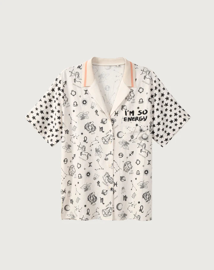 Zodiac knit-collar shirt, white with black print, V-neck collar and button front