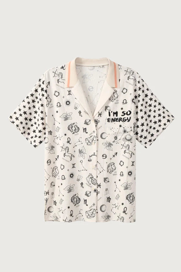 Zodiac knit-collar shirt, white with black print, V-neck collar and button front