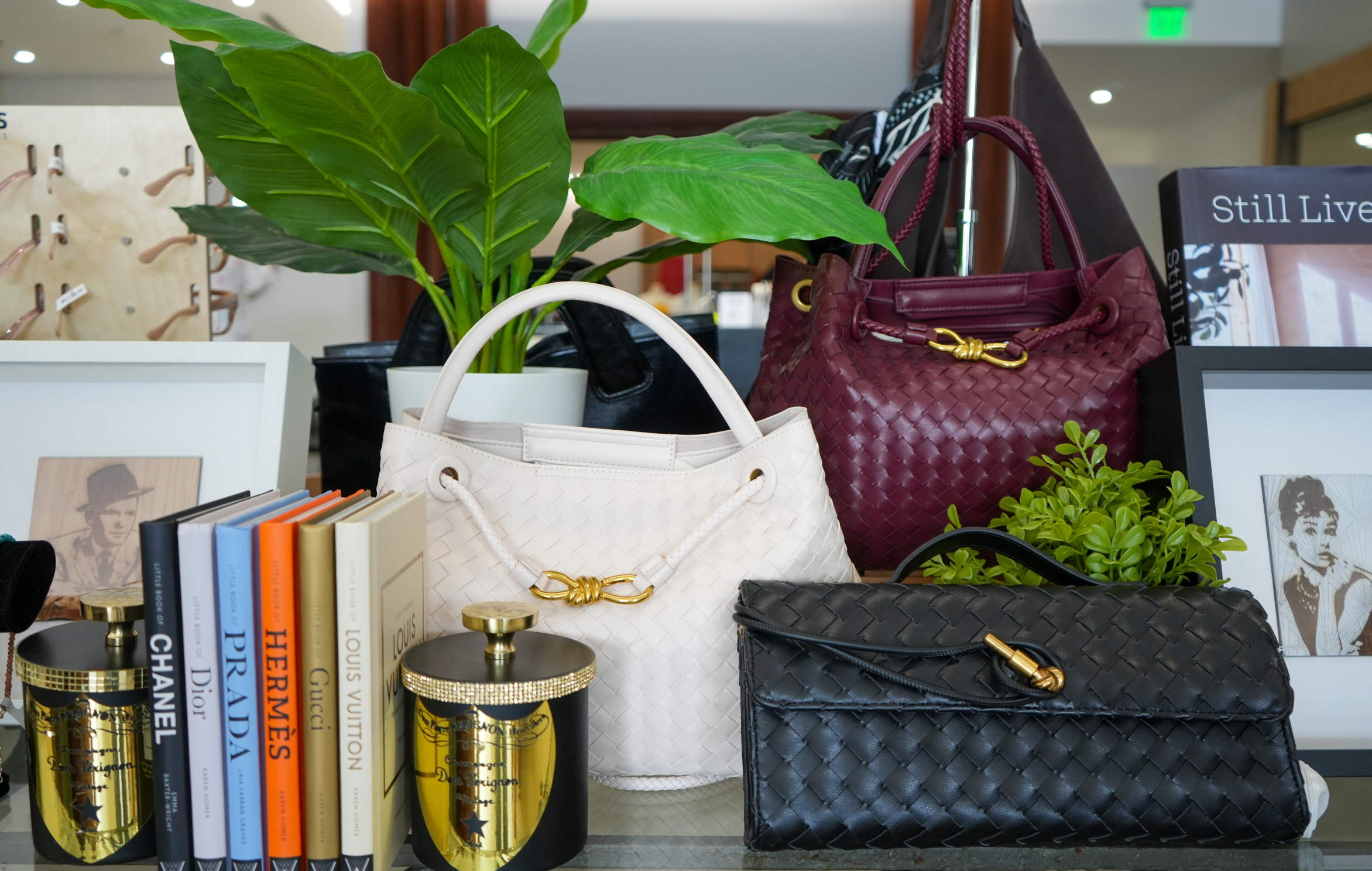 Collection of handbags and decorative items on a surface with books in the background.