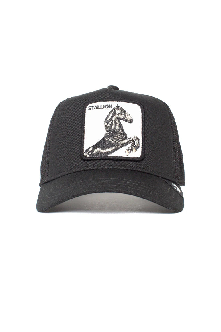 The stallion trucker hat in black front view