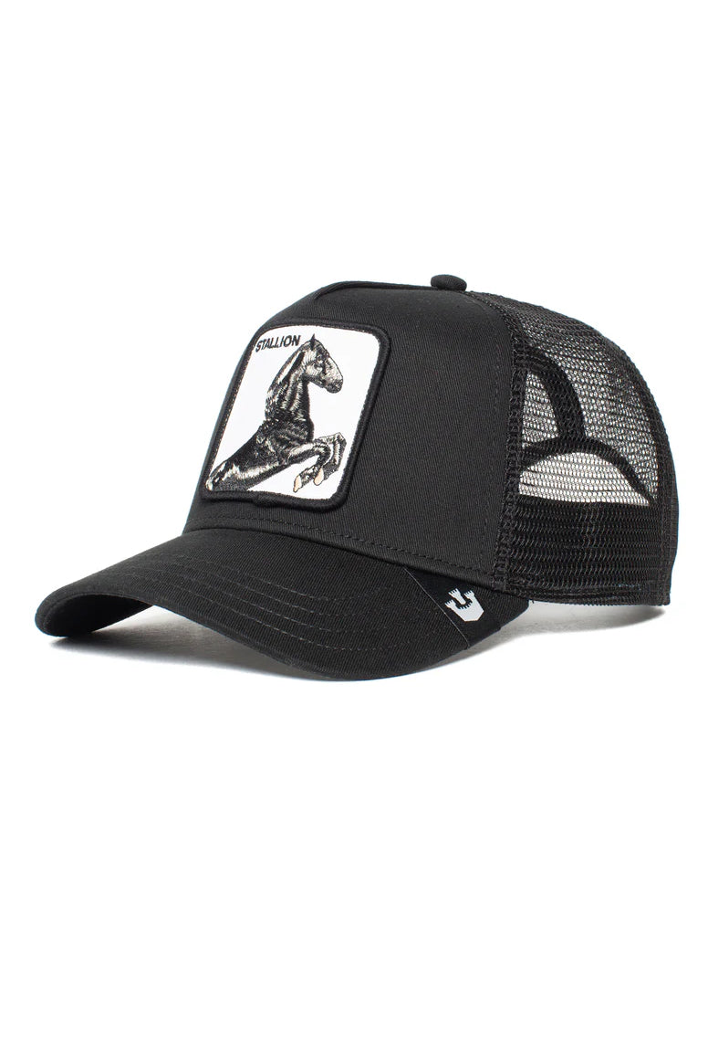 The stallion trucker hat in black side view