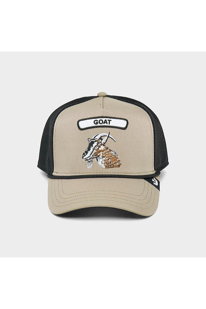 the gb2 goat trucker hat in khaki front view