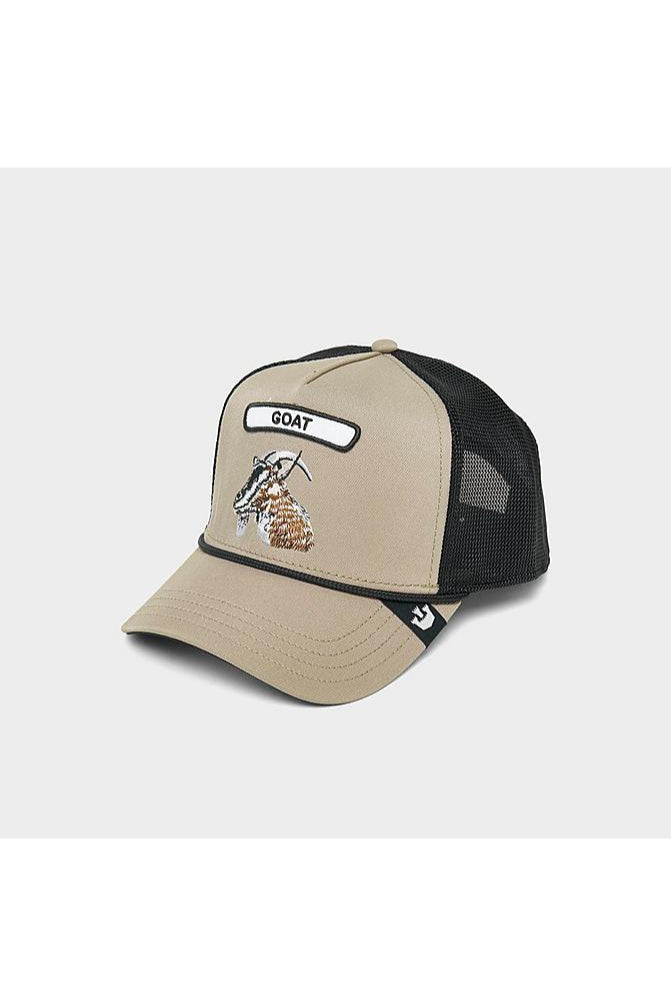 the gb2 goat trucker hat in khaki side view