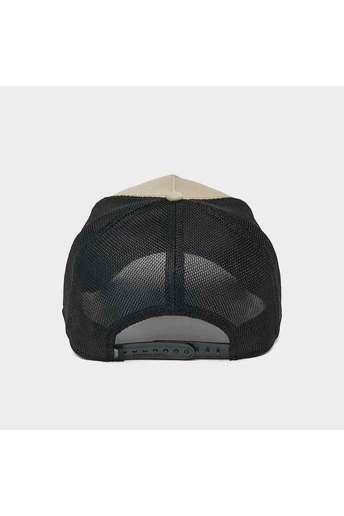 the gb2 goat trucker hat in khaki back view